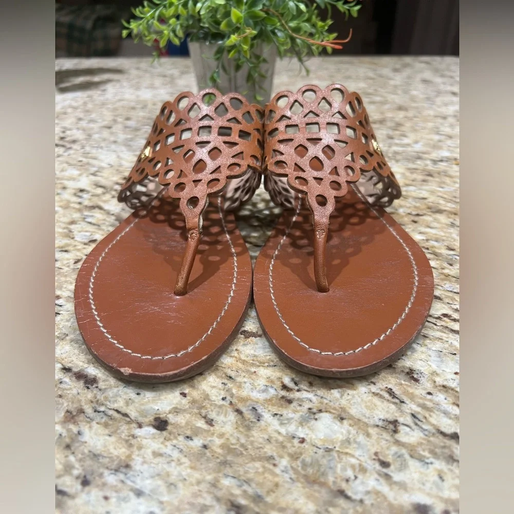 Tory Burch Leather Lasercut Accent Brown Slides 9.5